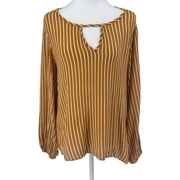 🌟 EVERLY Mustard Yellow & White Striped Long Sleeve Blouse Boho Chic V-Neck Top - Picture 1 of 10